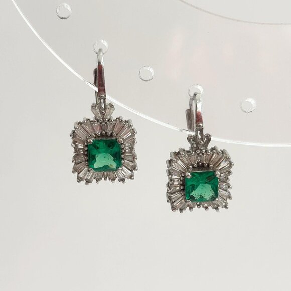 Art Deco Style Vintage Green CZ Sterling Silver Vintage Earrings - Picture 2 of 10